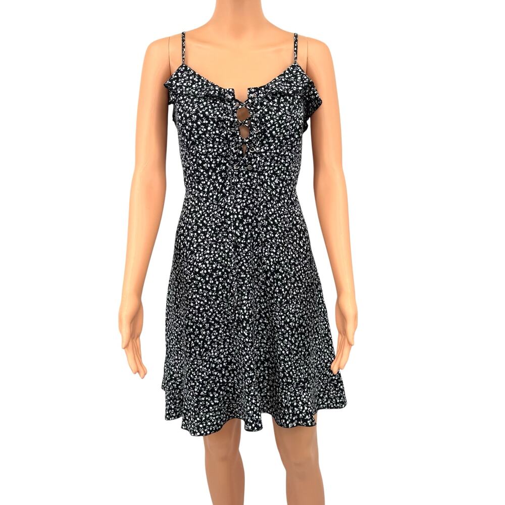 ReVamped Womens Ditsy Floral Lace-Up Ruffle Sundress Size M Black White Y2K